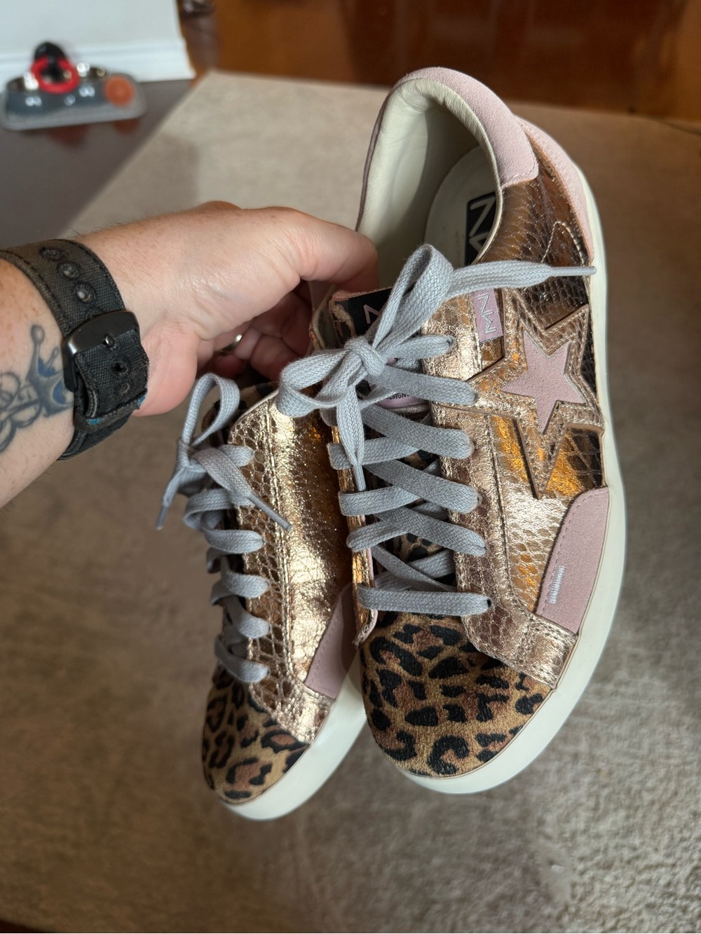 Mark Nason Metallic Gold & Leopard Sneakers with Pink Star size 8.5